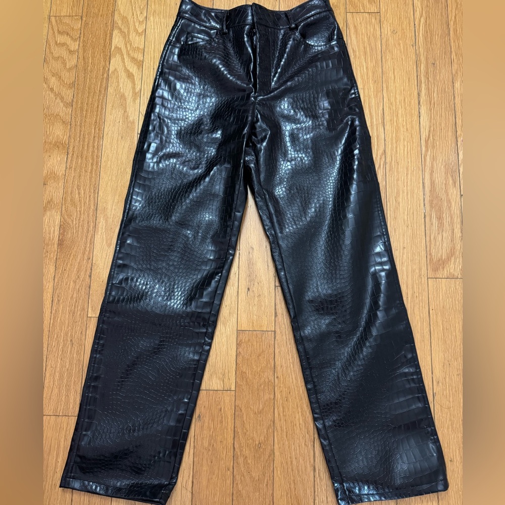 Zara Black Croc-Embossed Wide Leg Pants